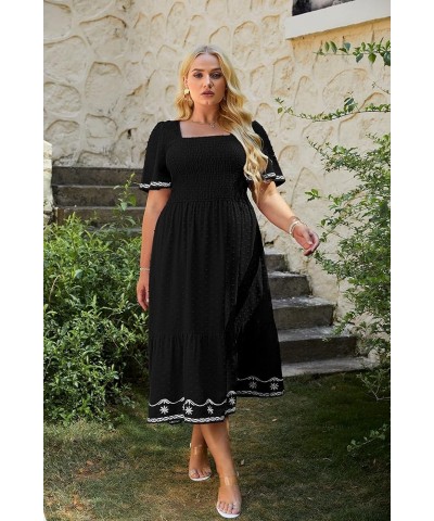 Women's Plus Size Summer Casual Short Sleeve Smocked Square Neck A Line Flowy Midi Dress Long Dress Plus Black $26.99 Dresses