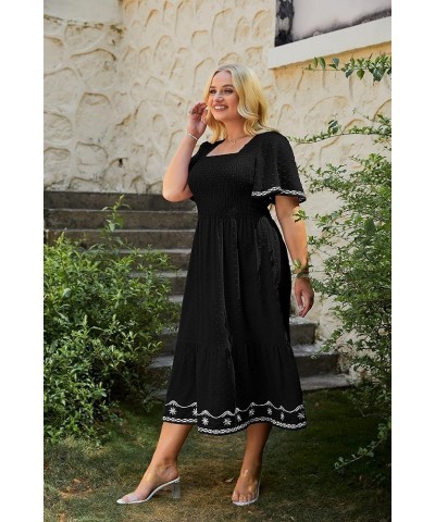 Women's Plus Size Summer Casual Short Sleeve Smocked Square Neck A Line Flowy Midi Dress Long Dress Plus Black $26.99 Dresses