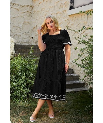 Women's Plus Size Summer Casual Short Sleeve Smocked Square Neck A Line Flowy Midi Dress Long Dress Plus Black $26.99 Dresses