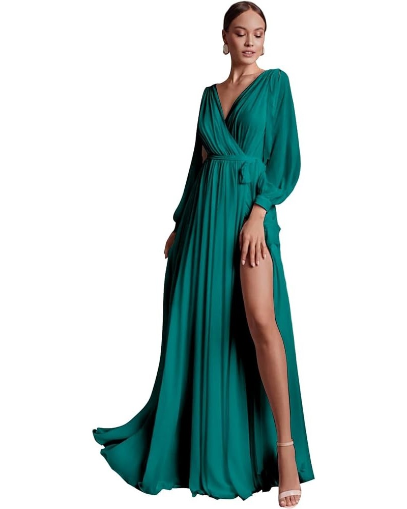 Long Sleeve Bridesmaid Dresses with Slit Chiffon V Neck A Line Sash Formal Evening Party Gown Teal $27.60 Dresses