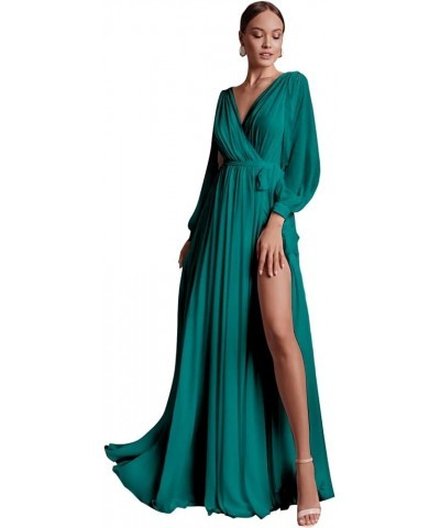 Long Sleeve Bridesmaid Dresses with Slit Chiffon V Neck A Line Sash Formal Evening Party Gown Teal $27.60 Dresses