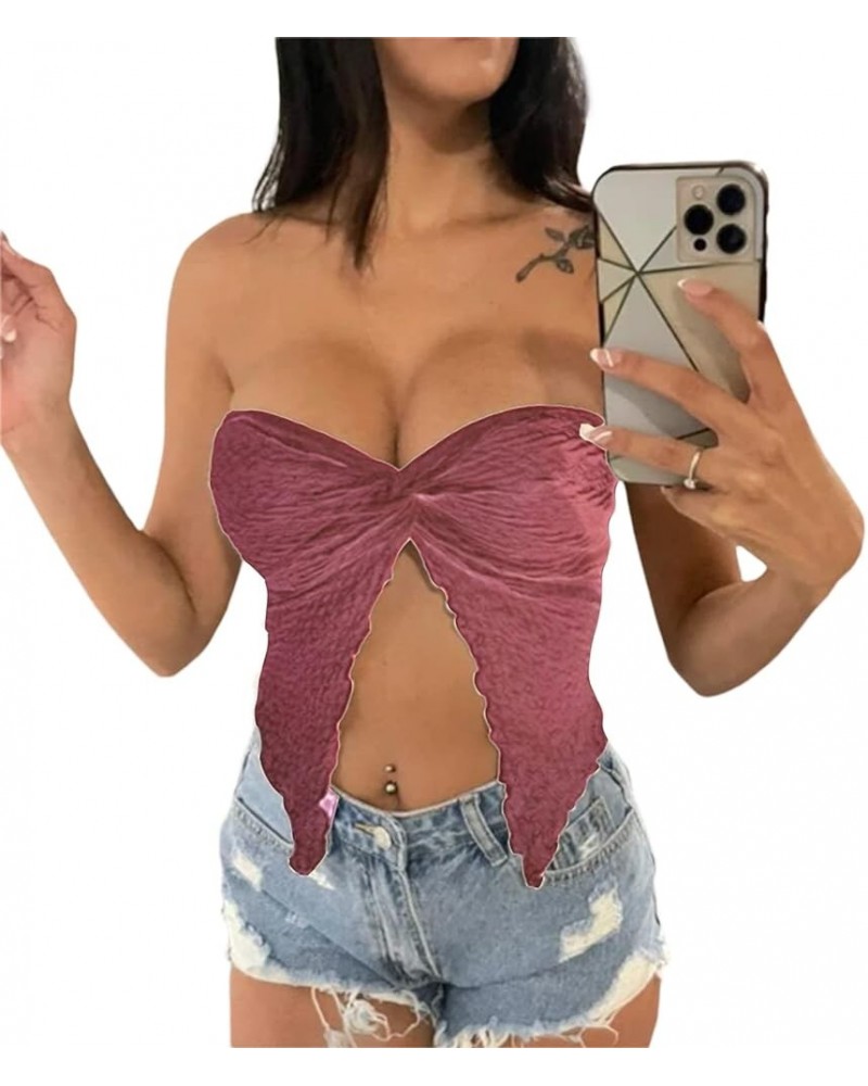 Women Y2k Strapless Tube Tops Sleeveless Slim Fitted Cropped Shirts Backless Cami Knitted Tank Tops 06-textured Pink $6.49 Tanks