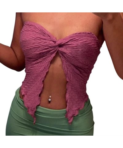 Women Y2k Strapless Tube Tops Sleeveless Slim Fitted Cropped Shirts Backless Cami Knitted Tank Tops 06-textured Pink $6.49 Tanks