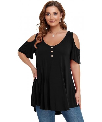 Cold Shoulder Tops for Women Plus Size V Neck T Shirts Short Sleeve Summer Clothes Button Up Tunic Black $15.65 Tops