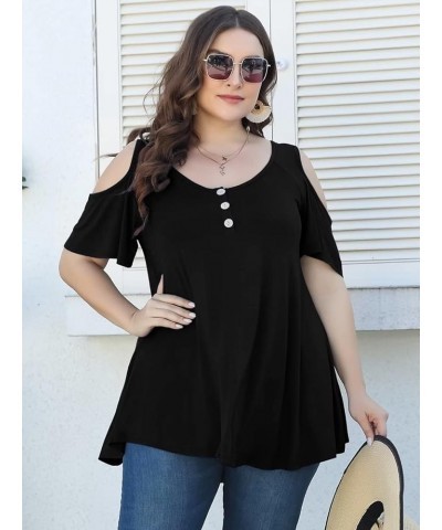 Cold Shoulder Tops for Women Plus Size V Neck T Shirts Short Sleeve Summer Clothes Button Up Tunic Black $15.65 Tops