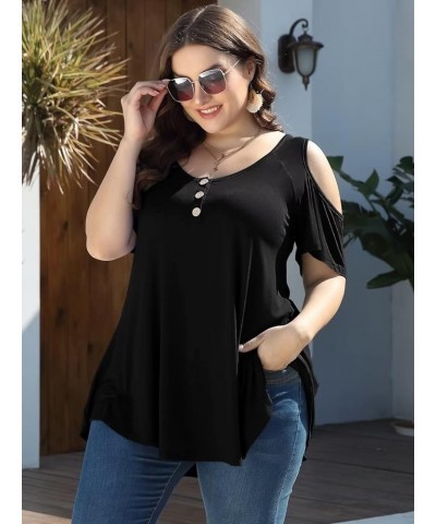 Cold Shoulder Tops for Women Plus Size V Neck T Shirts Short Sleeve Summer Clothes Button Up Tunic Black $15.65 Tops