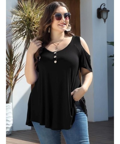 Cold Shoulder Tops for Women Plus Size V Neck T Shirts Short Sleeve Summer Clothes Button Up Tunic Black $15.65 Tops