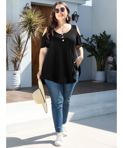 Cold Shoulder Tops for Women Plus Size V Neck T Shirts Short Sleeve Summer Clothes Button Up Tunic Black $15.65 Tops