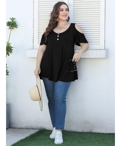 Cold Shoulder Tops for Women Plus Size V Neck T Shirts Short Sleeve Summer Clothes Button Up Tunic Black $15.65 Tops