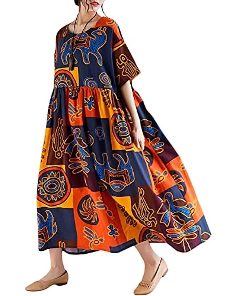 Women Loose Casual Cotton Linen Dress Floral Boho Maxi Dress Contrast House Robes Half Sleeves Plus Size Orange $15.84 Dresses