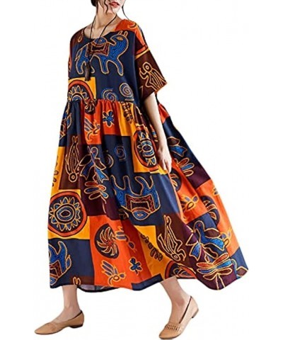 Women Loose Casual Cotton Linen Dress Floral Boho Maxi Dress Contrast House Robes Half Sleeves Plus Size Orange $15.84 Dresses