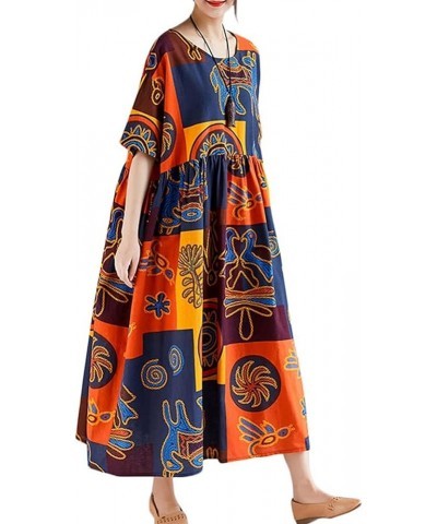 Women Loose Casual Cotton Linen Dress Floral Boho Maxi Dress Contrast House Robes Half Sleeves Plus Size Orange $15.84 Dresses