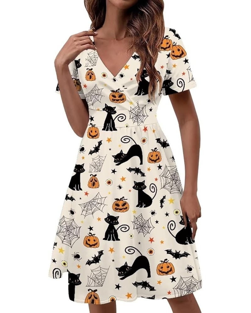 Women's Mulicolor Summer Short Sleeve Casual Dress V-Neck Party Dress with Pockets Size S-4XL Halloween Pumpkin and Web $18.4...