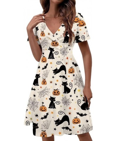 Women's Mulicolor Summer Short Sleeve Casual Dress V-Neck Party Dress with Pockets Size S-4XL Halloween Pumpkin and Web $18.4...