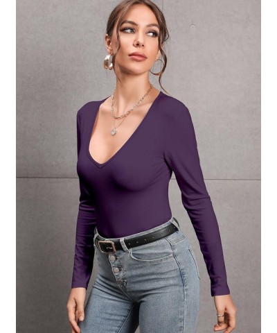 Women's Mock Turtleneck Long Sleeves Bodysuit Basic Ribbed Shirts Top V Neck Dark Purple $13.10 Bodysuits