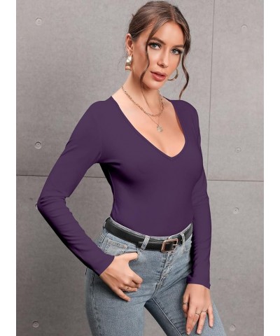 Women's Mock Turtleneck Long Sleeves Bodysuit Basic Ribbed Shirts Top V Neck Dark Purple $13.10 Bodysuits