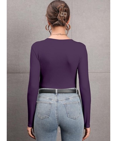 Women's Mock Turtleneck Long Sleeves Bodysuit Basic Ribbed Shirts Top V Neck Dark Purple $13.10 Bodysuits