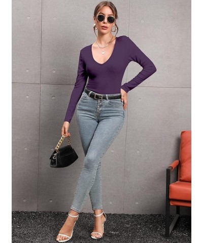 Women's Mock Turtleneck Long Sleeves Bodysuit Basic Ribbed Shirts Top V Neck Dark Purple $13.10 Bodysuits