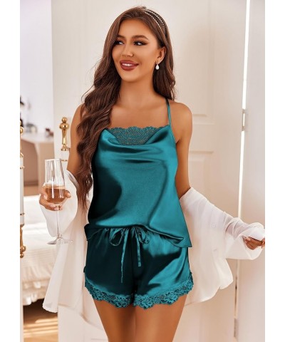 Women's Silk Cami Pajama Set Cowl Neck Tank Top Shorts Satin Pjs Lace Trim Camisole Sleepwear Blue Green $11.00 Lingerie