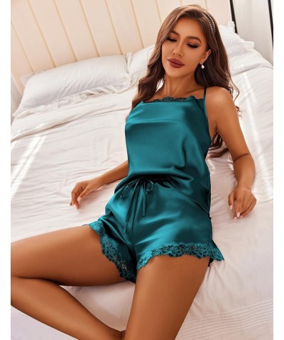 Women's Silk Cami Pajama Set Cowl Neck Tank Top Shorts Satin Pjs Lace Trim Camisole Sleepwear Blue Green $11.00 Lingerie