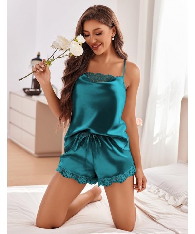 Women's Silk Cami Pajama Set Cowl Neck Tank Top Shorts Satin Pjs Lace Trim Camisole Sleepwear Blue Green $11.00 Lingerie