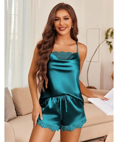 Women's Silk Cami Pajama Set Cowl Neck Tank Top Shorts Satin Pjs Lace Trim Camisole Sleepwear Blue Green $11.00 Lingerie