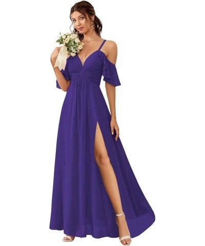 Off The Shoulder Bridesmaid Dresses for Women with Slit A Line Chiffon Long Formal Party Dress with Pockets DE01 Purple $31.0...