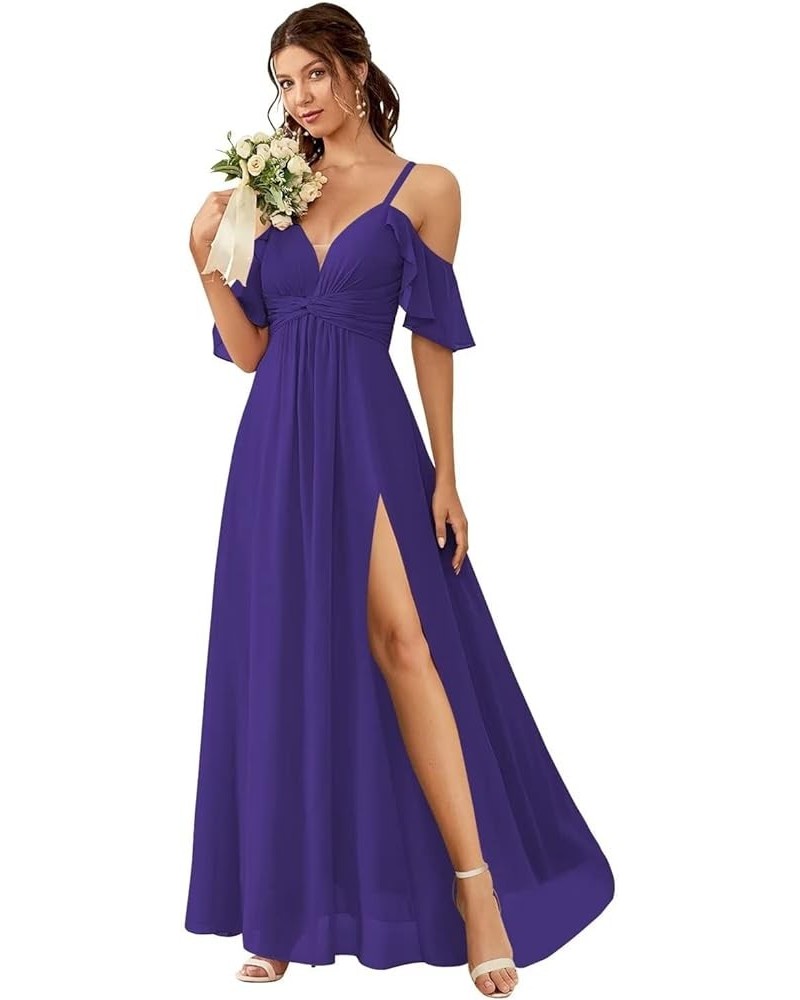 Off The Shoulder Bridesmaid Dresses for Women with Slit A Line Chiffon Long Formal Party Dress with Pockets DE01 Purple $31.0...