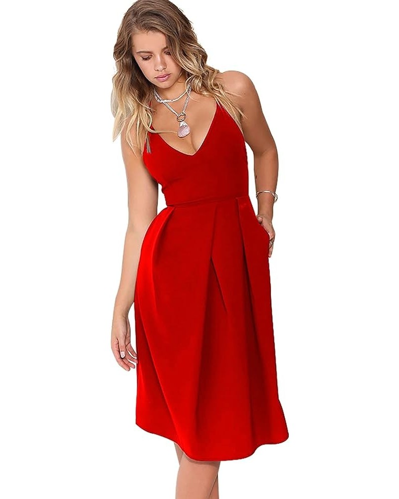 Women's Deep V Neck Adjustable Spaghetti Straps Summer Dress Sleeveless Sexy Backless Party Dresses with Pockets Red $21.96 D...