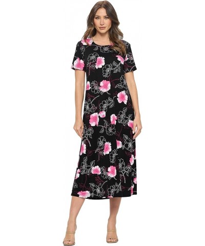 Women's Print Long Midi Dress – Short Sleeve Stretch Casual Swing Flowy Printed T Shirt One Piece W380 Pink $21.47 Dresses