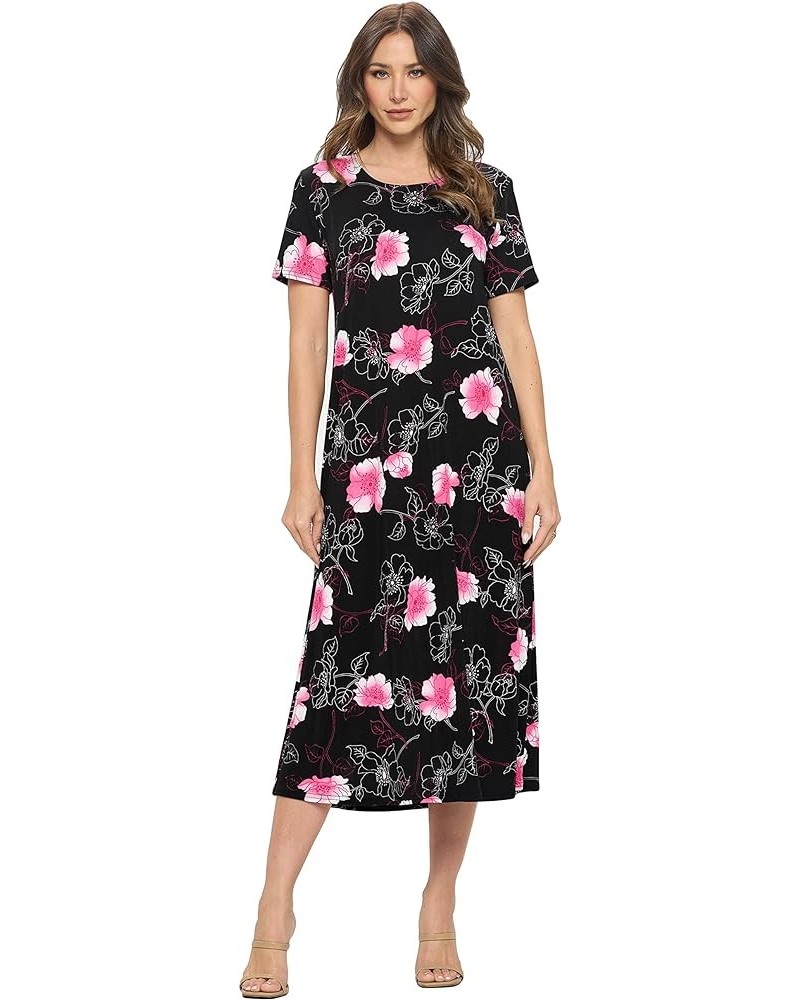 Women's Print Long Midi Dress – Short Sleeve Stretch Casual Swing Flowy Printed T Shirt One Piece W380 Pink $21.47 Dresses