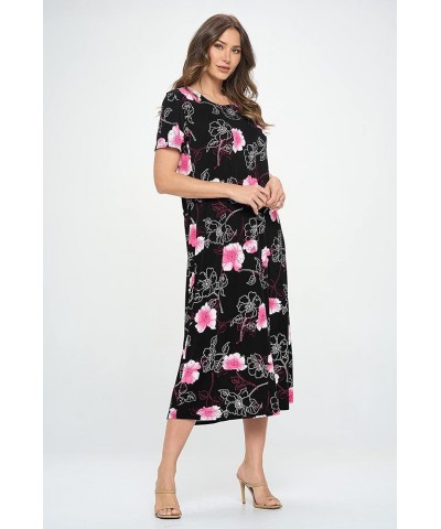 Women's Print Long Midi Dress – Short Sleeve Stretch Casual Swing Flowy Printed T Shirt One Piece W380 Pink $21.47 Dresses