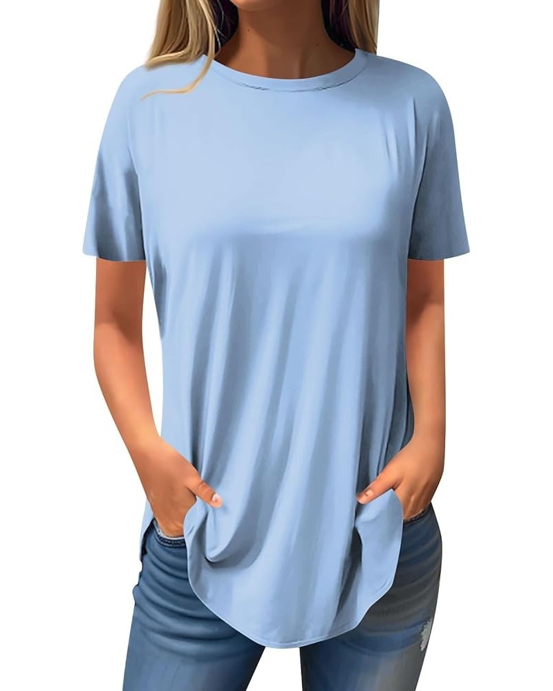 Going Out Tops for Women Summers School Basic Blouse Short Sleeve Plus Size Slim Fit Tees Stretch Round Neck Tops 01sky Blue ...