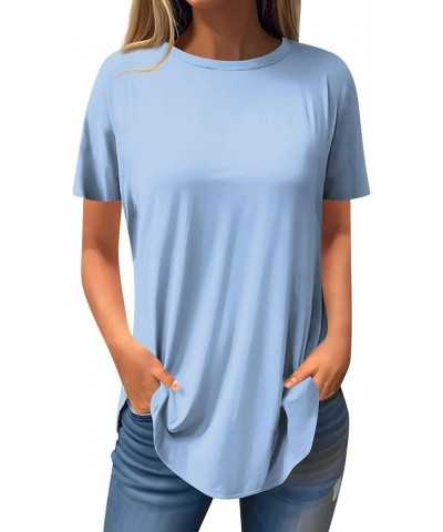 Going Out Tops for Women Summers School Basic Blouse Short Sleeve Plus Size Slim Fit Tees Stretch Round Neck Tops 01sky Blue ...