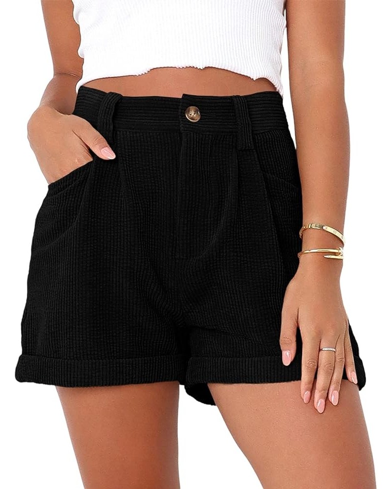 Womens Summer Shorts Mid-Waist Cuffed Hem Corduroy Shorts with Pockets Black $17.33 Shorts