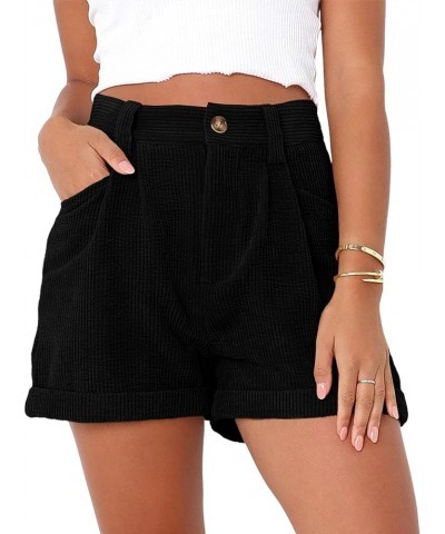 Womens Summer Shorts Mid-Waist Cuffed Hem Corduroy Shorts with Pockets Black $17.33 Shorts