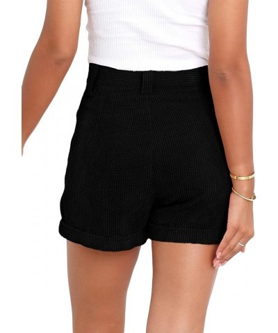 Womens Summer Shorts Mid-Waist Cuffed Hem Corduroy Shorts with Pockets Black $17.33 Shorts