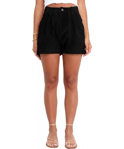 Womens Summer Shorts Mid-Waist Cuffed Hem Corduroy Shorts with Pockets Black $17.33 Shorts