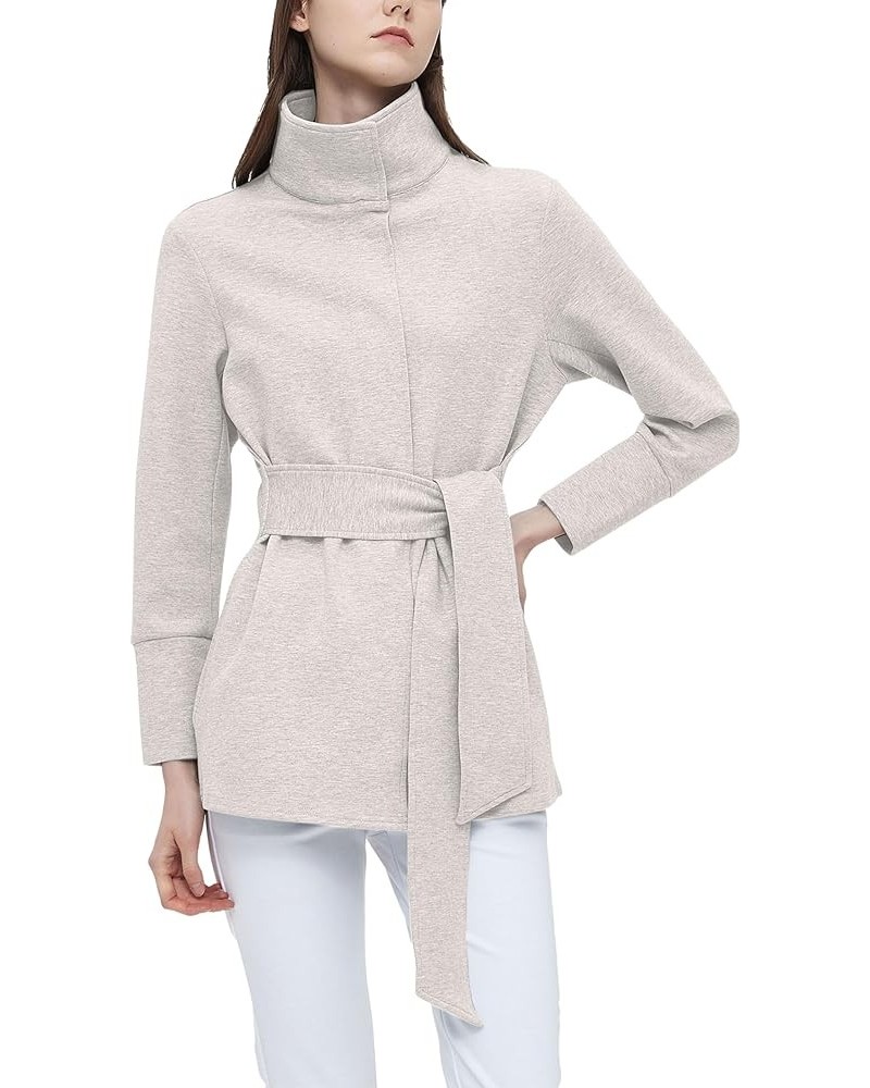 Women's Fall Belted Jacket Casual Stand Collar Long Sleeve Button Down Wrap Tie Waist Coat Jacket with Pockets Beige $21.15 J...