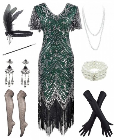 Women 1920s Sequin Beaded Tassels Hem Flapper Dress With 20s Headband Accessories Set Style 3 Silver Green $25.96 Sets