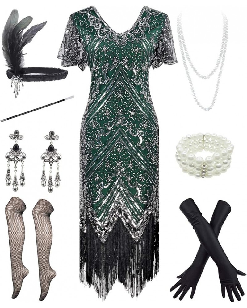 Women 1920s Sequin Beaded Tassels Hem Flapper Dress With 20s Headband Accessories Set Style 3 Silver Green $25.96 Sets