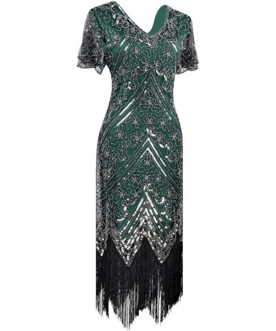 Women 1920s Sequin Beaded Tassels Hem Flapper Dress With 20s Headband Accessories Set Style 3 Silver Green $25.96 Sets