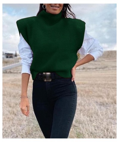 Women's Shoulder Pad Sweater Sleeveless Turtleneck Wide Shoulder Knitted Sweater Vest Chic Crop Neutral Top Green $17.59 Swea...