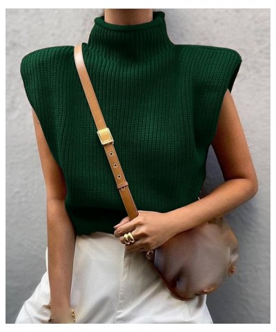 Women's Shoulder Pad Sweater Sleeveless Turtleneck Wide Shoulder Knitted Sweater Vest Chic Crop Neutral Top Green $17.59 Swea...