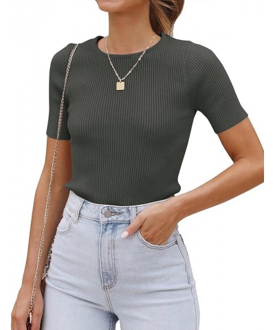 Women's Short Sleeve Crewneck Tops Ribbed Knit Casual 2024 Summer Fitted T-Shirts Solid Color Basic Tee Dark Gray $12.99 T-Sh...