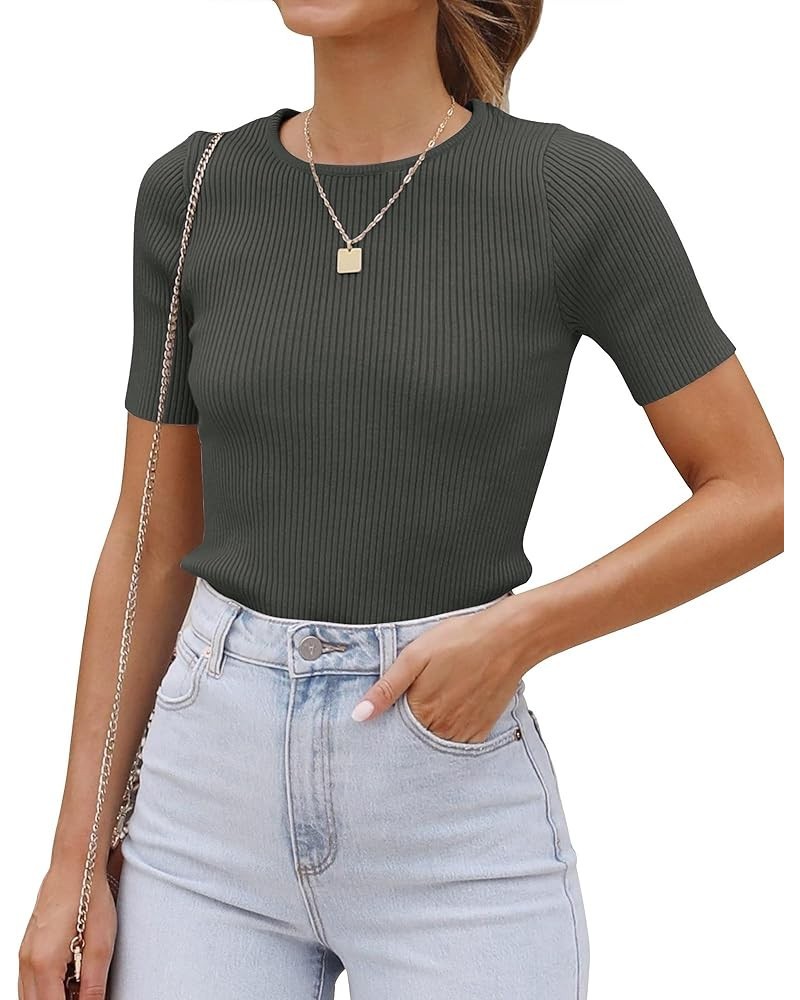 Women's Short Sleeve Crewneck Tops Ribbed Knit Casual 2024 Summer Fitted T-Shirts Solid Color Basic Tee Dark Gray $12.99 T-Sh...