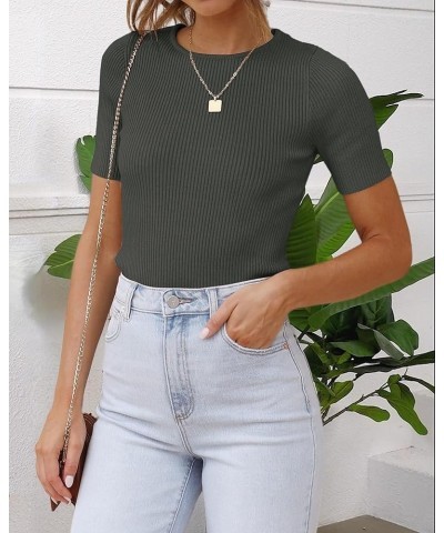 Women's Short Sleeve Crewneck Tops Ribbed Knit Casual 2024 Summer Fitted T-Shirts Solid Color Basic Tee Dark Gray $12.99 T-Sh...