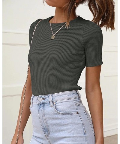 Women's Short Sleeve Crewneck Tops Ribbed Knit Casual 2024 Summer Fitted T-Shirts Solid Color Basic Tee Dark Gray $12.99 T-Sh...