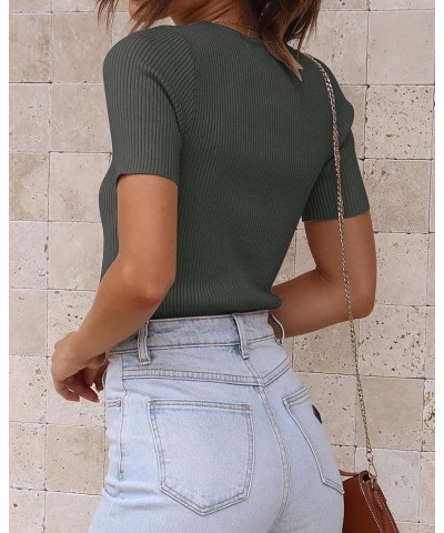 Women's Short Sleeve Crewneck Tops Ribbed Knit Casual 2024 Summer Fitted T-Shirts Solid Color Basic Tee Dark Gray $12.99 T-Sh...