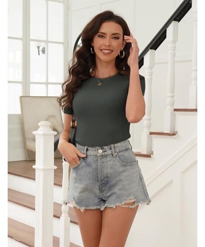 Women's Short Sleeve Crewneck Tops Ribbed Knit Casual 2024 Summer Fitted T-Shirts Solid Color Basic Tee Dark Gray $12.99 T-Sh...